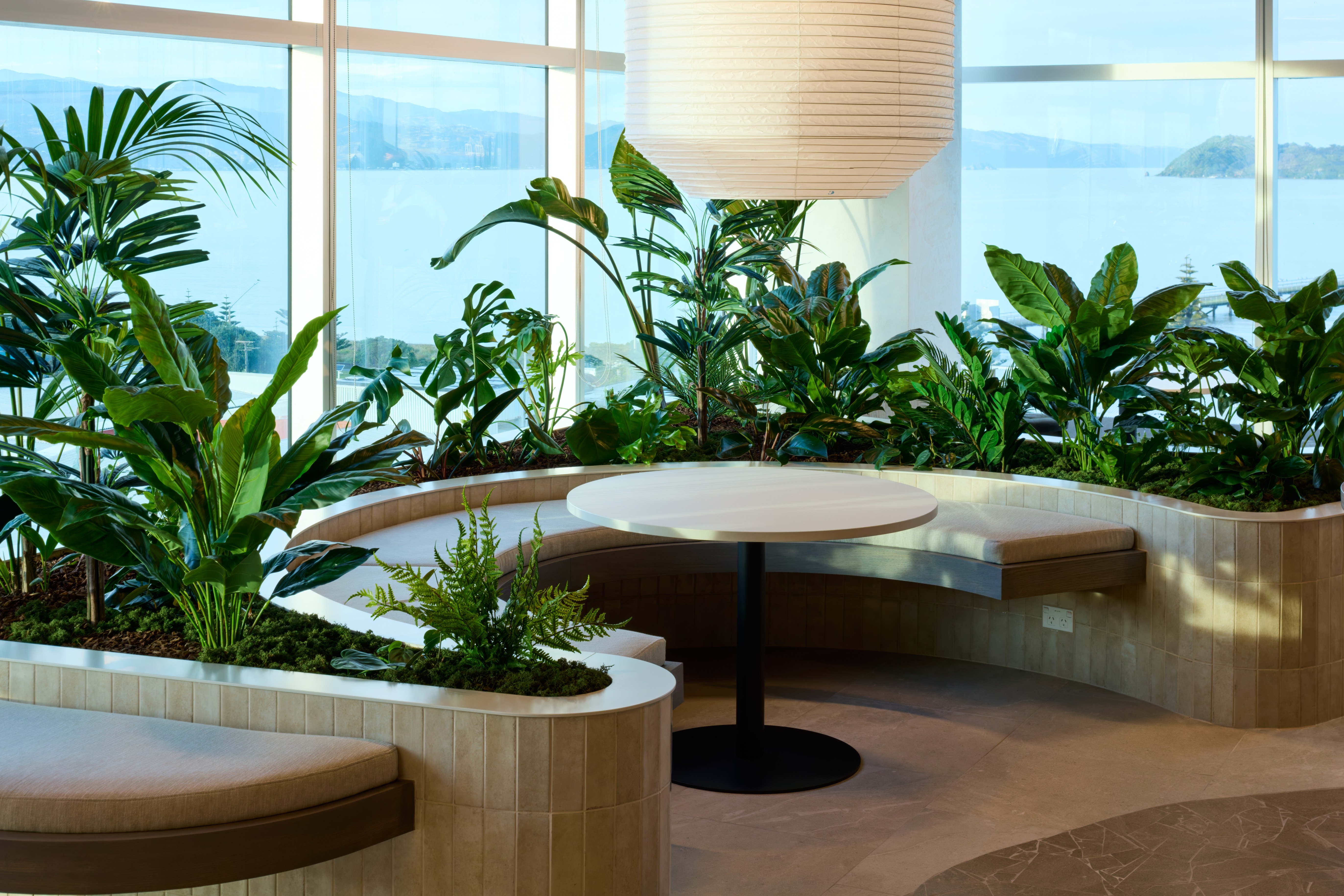 A curved tiled planter of bird of paradise and tropical foliage beside a harbour-view window at SecuritEase.