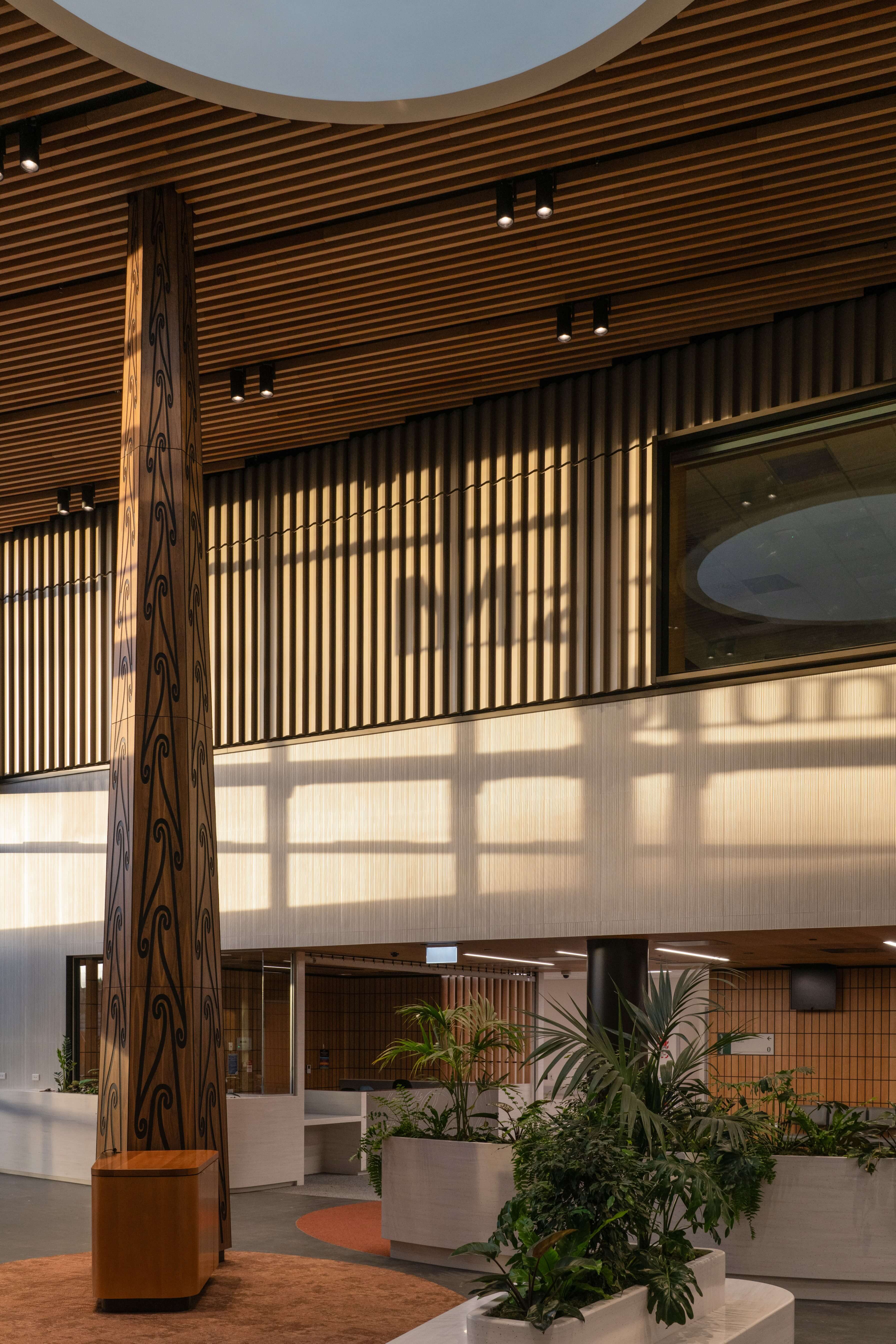 taranaki hopsital planting with wood carving ceiling