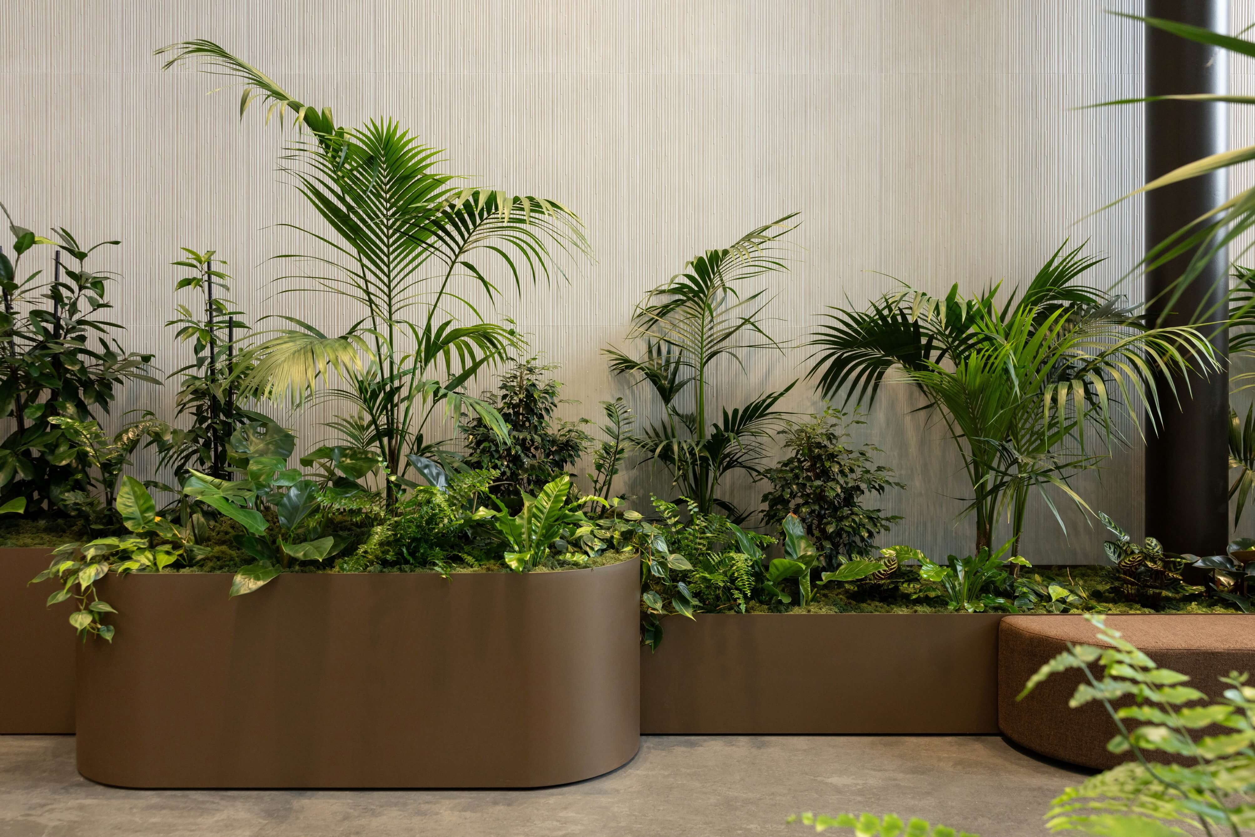 In built planter seat with lush greenery