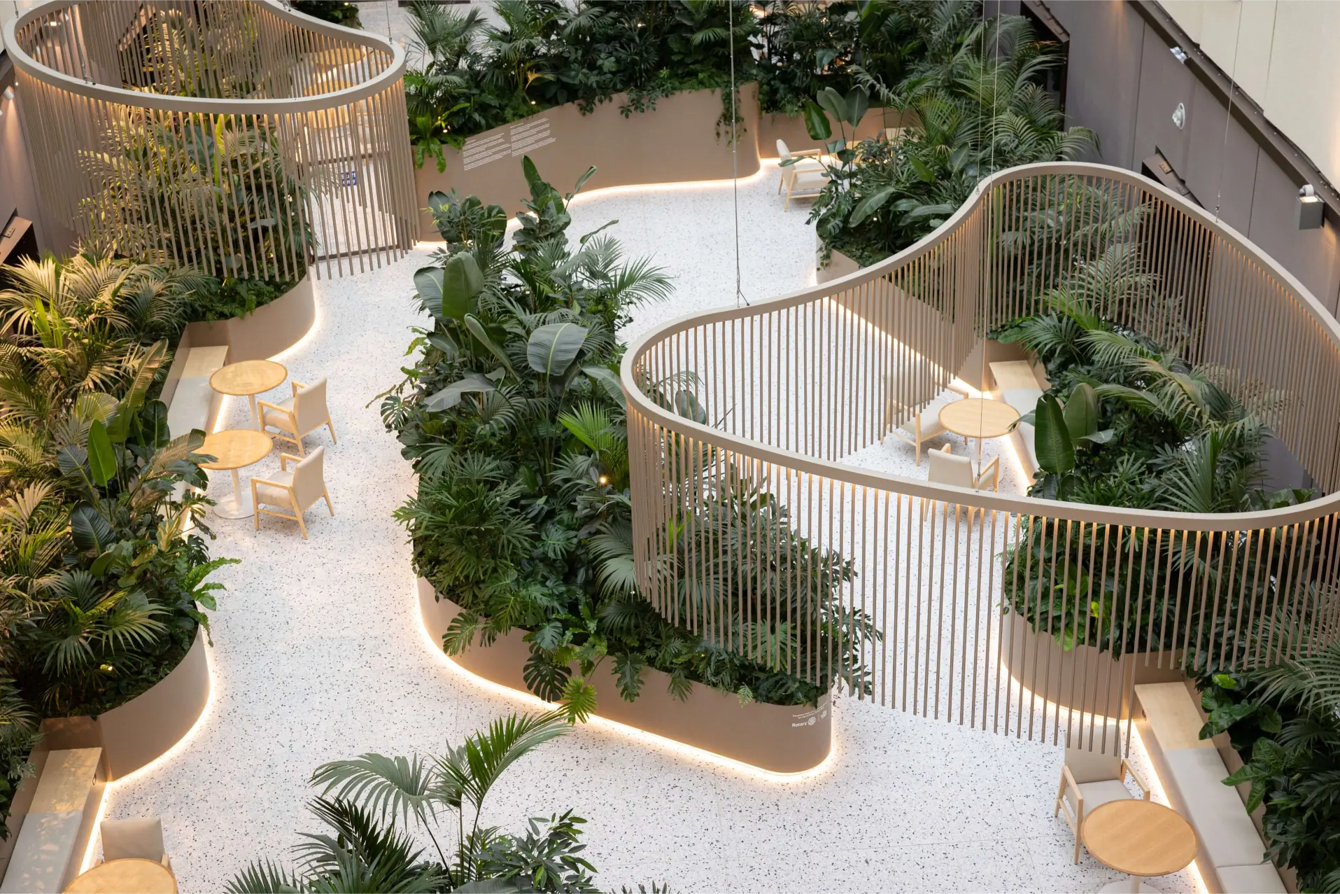 Totara Haumaru's healing garden from above, with its curving planters of tropical foliage, timber screens, and terrazzo.