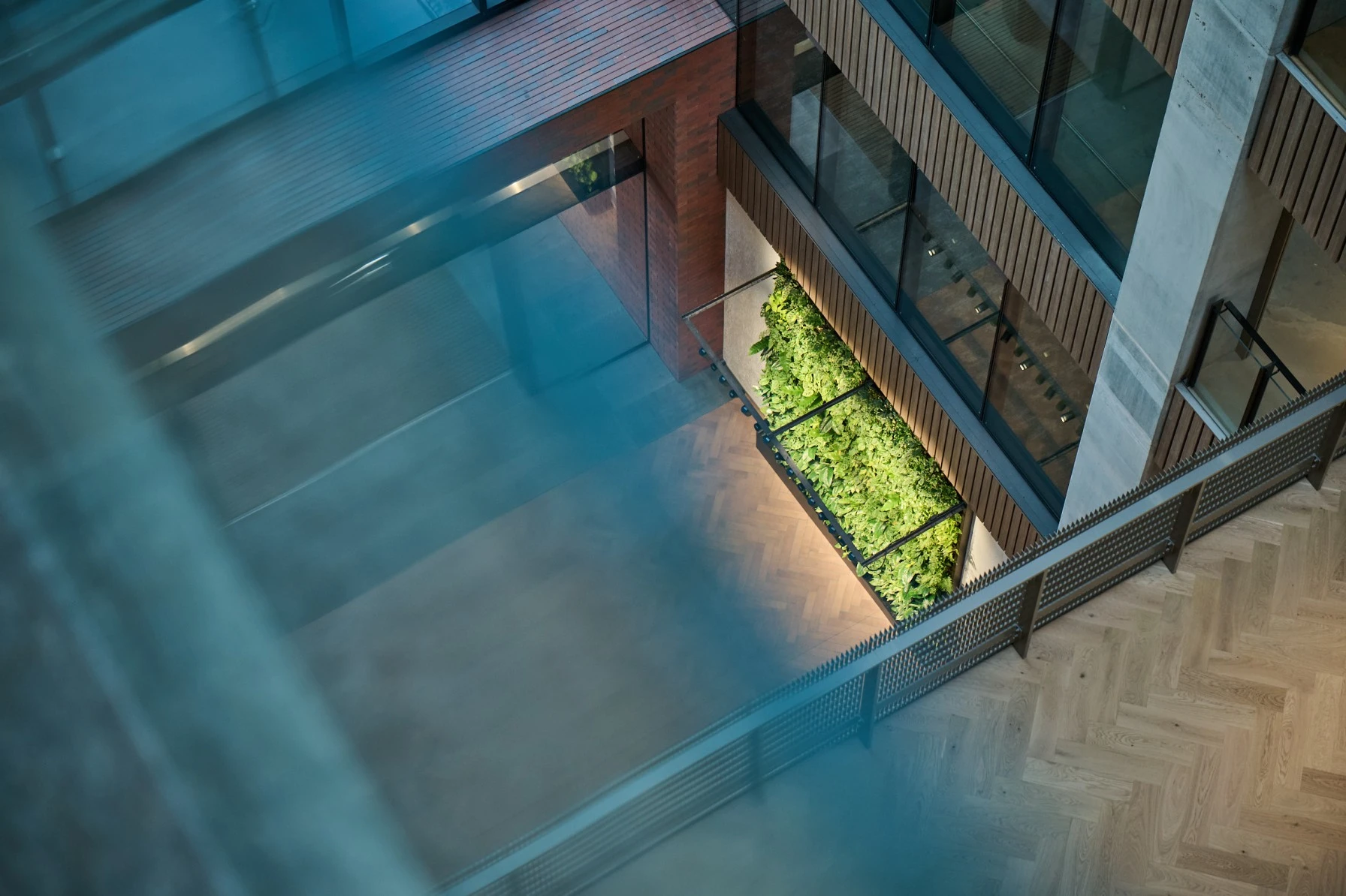 Looking down through glazing onto an illuminated green wall along the atrium's upper level.