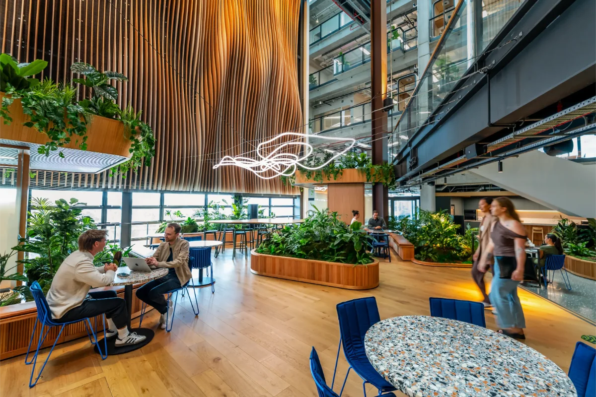 People at café tables beside curved timber planters, beneath a sculptural light and timber ceiling baffles.