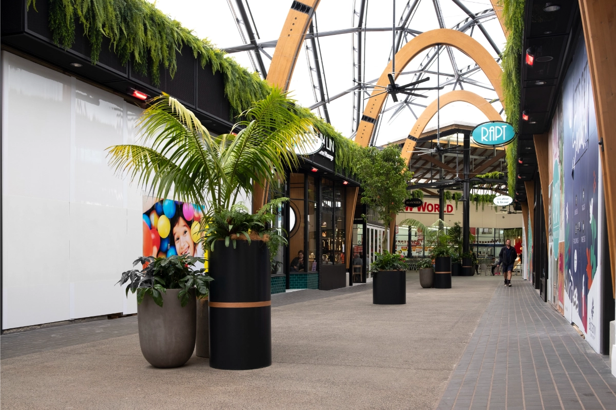 Kentia palms in cylindrical planters along the Garden Lane walkway beneath timber arches.
