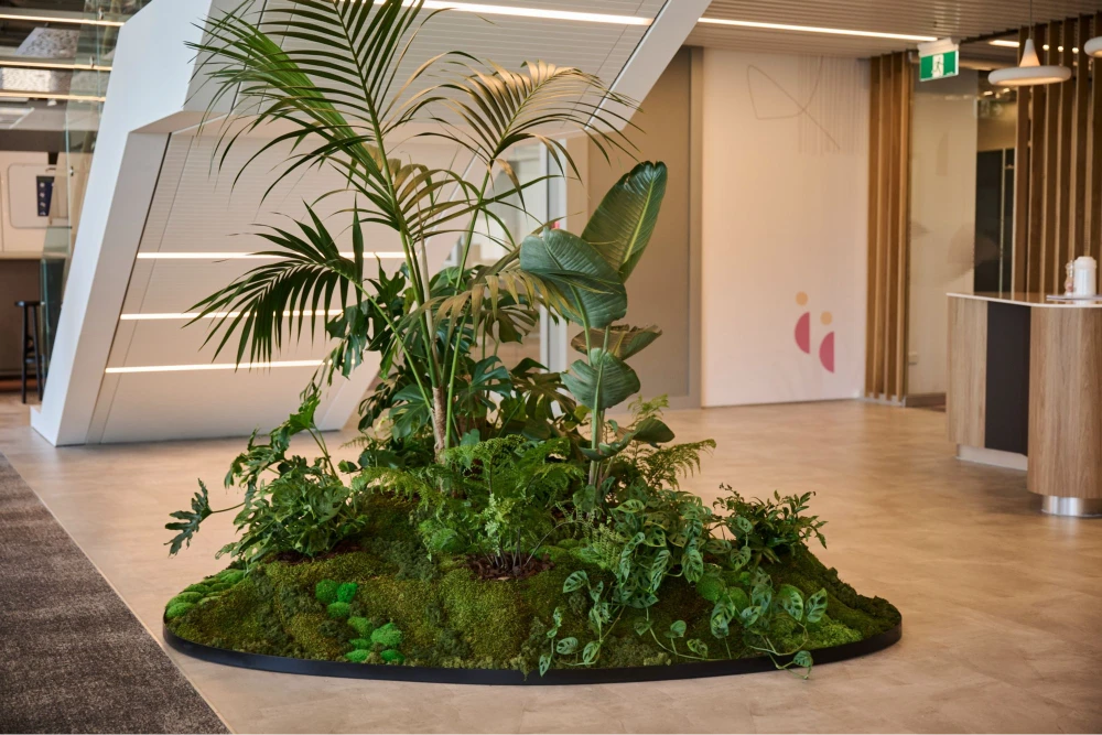 Island planter of palms, bird of paradise and moss in the Deloitte HQ lobby