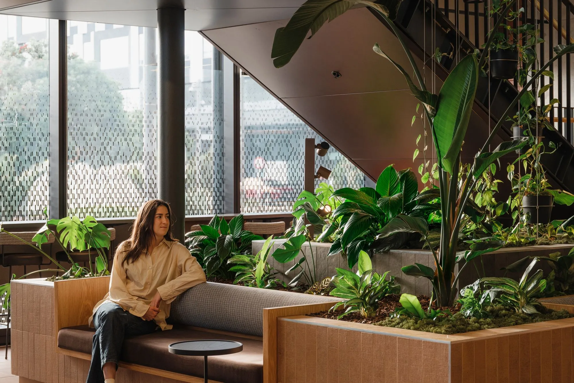 Bird of paradise, Monstera and Calathea in an under-stair planter beside a bench at Mott MacDonald