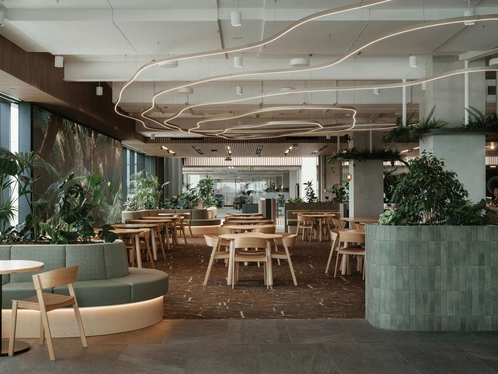 Lush, layered planting throughout One NZ's Auckland headquarters brings energy, warmth and a deeper connection to nature across every level of the workplace.