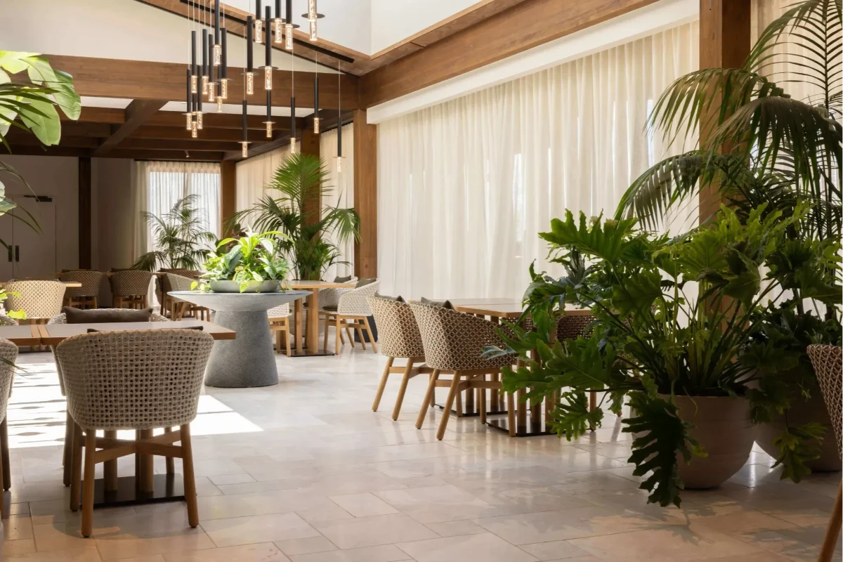 Philodendron and palms in the light-filled dining room at Pacific Lakes Retirement Village