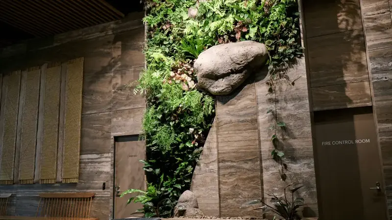 Green wall of ferns and trailing plants around a boulder in The Pacifica's stone-clad lobby