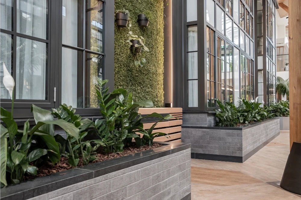Long planter of peace lilies and tropical foliage beneath a moss wall with hanging pots