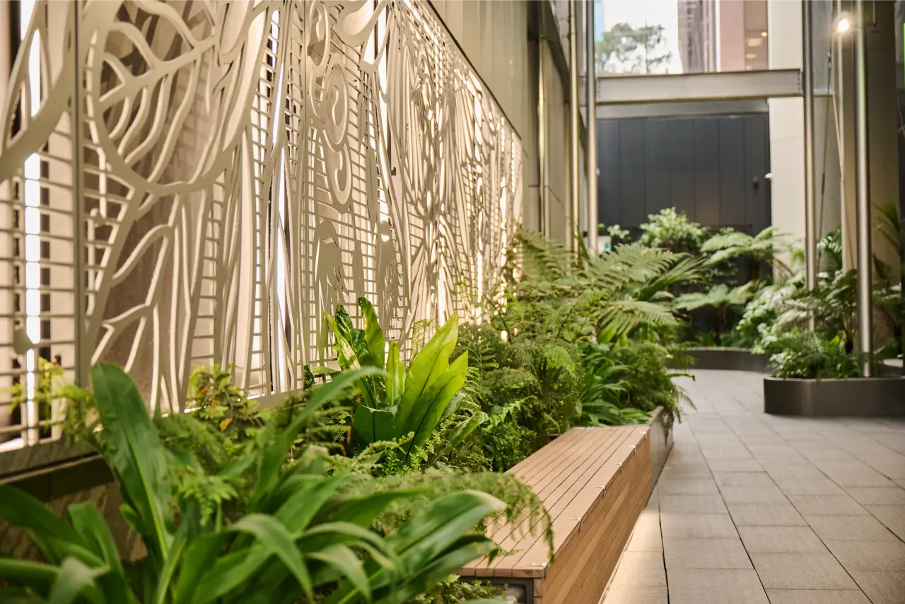 Layered fern planting along a timber bench beneath an illuminated bird artwork panel on the building facade.