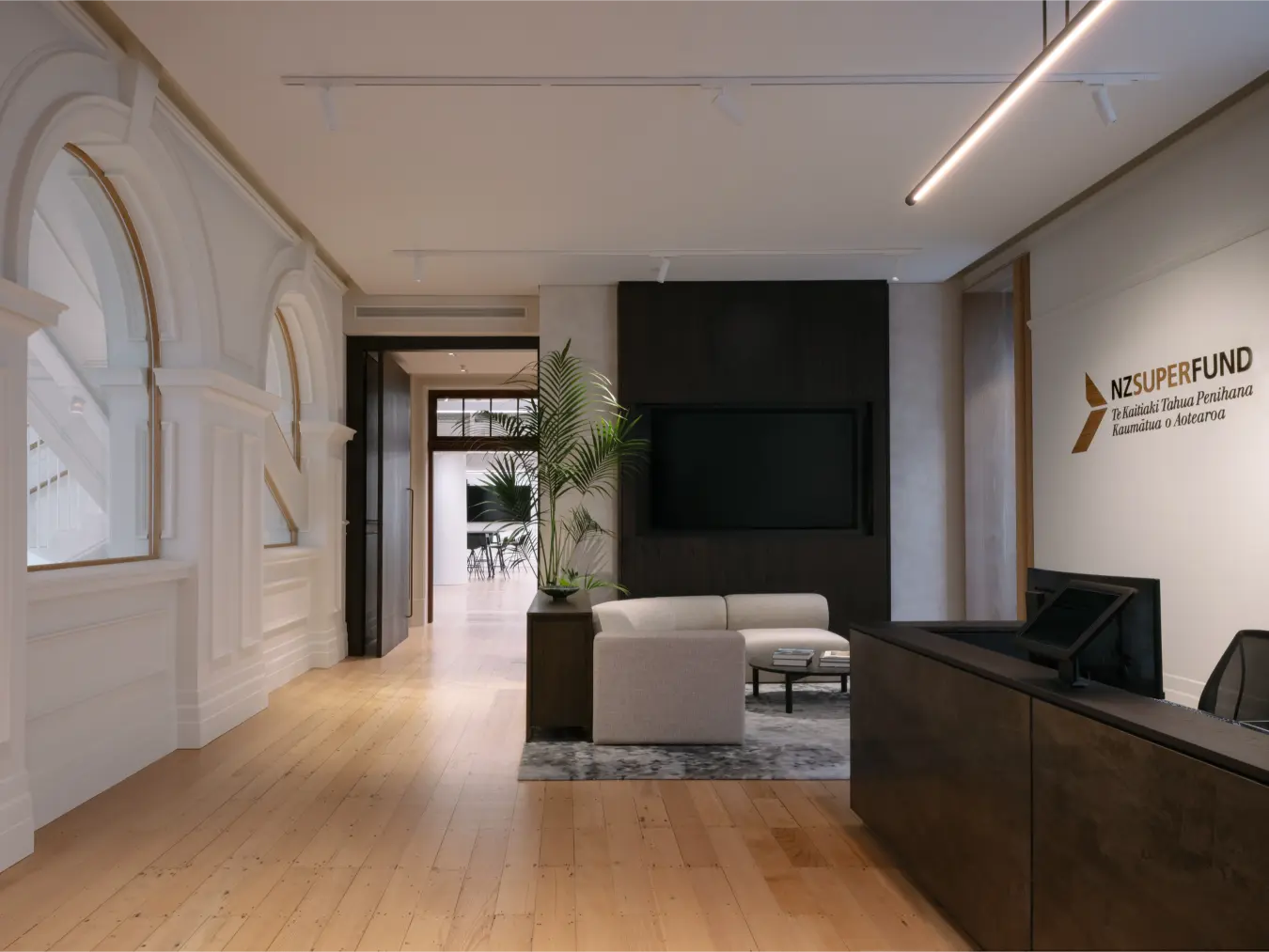 reception with arched heritage detailing, NZ Super Fund signage