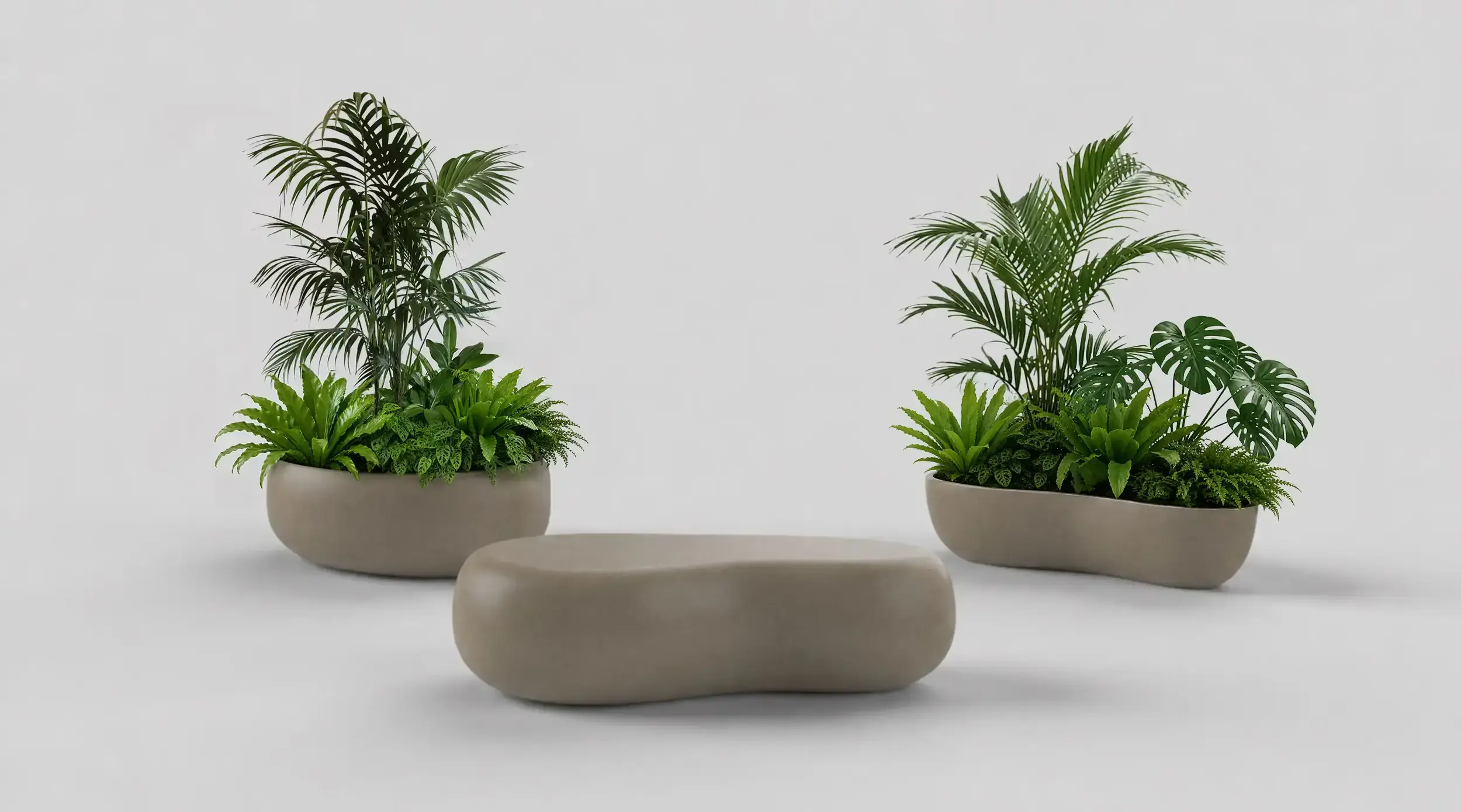 Geode planters with palms and tropical foliage