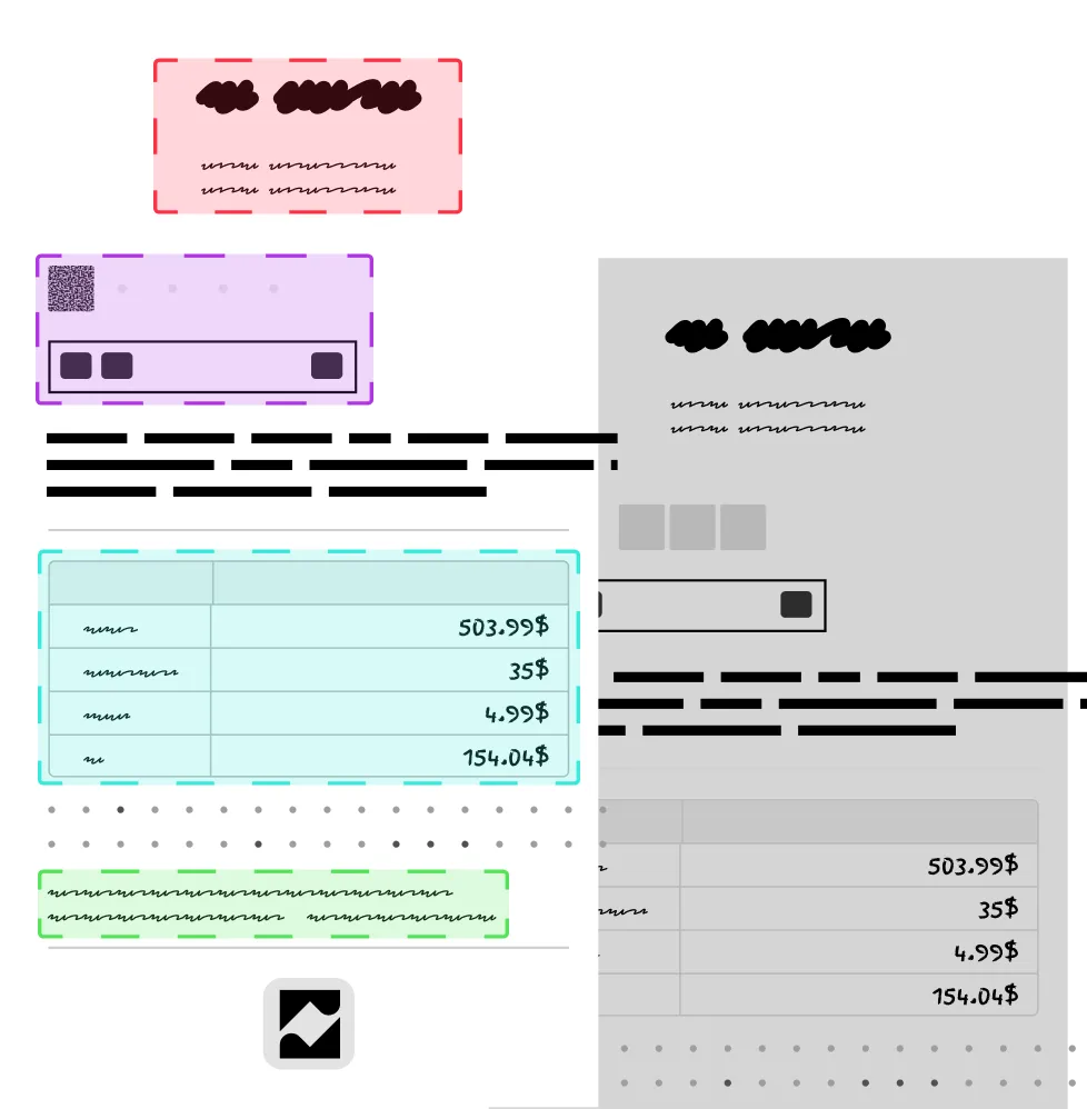 Illustration of a receipt with price table showing four items priced $503.99, $35, $4.99, and $154.04, along with blocks of text and a QR code.