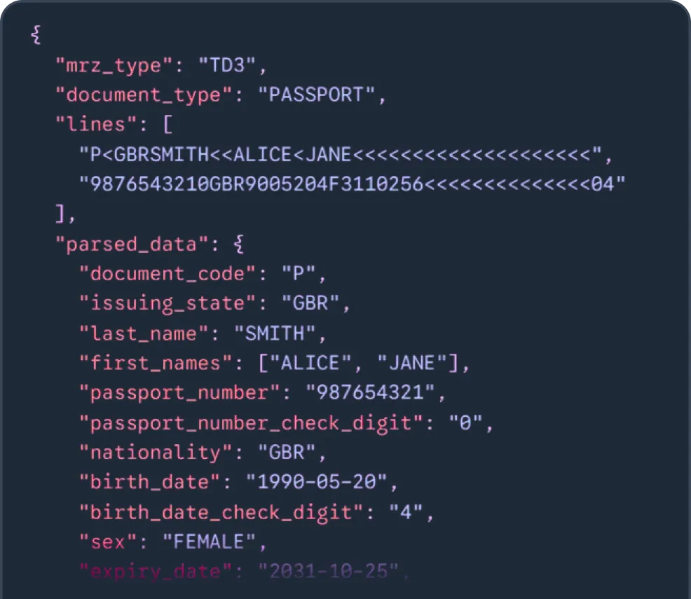 JSON snippet displaying passport MRZ data and parsed fields including document type PASSPORT, holder name Alice Jane Smith, nationality GBR, birth date 1990-05-20, sex female, and expiry date 2031-10-25.