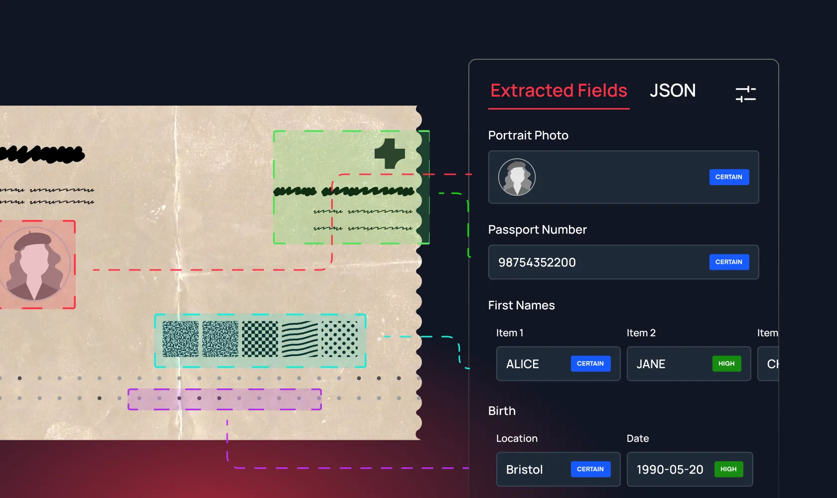 Digital interface showing passport data extraction with fields for portrait photo, passport number 98754352200, first names Alice and Jane, and birth location Bristol with date 1990-05-20.