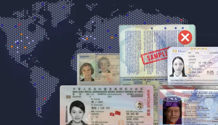 Collage of various international passports with a dotted world map background.