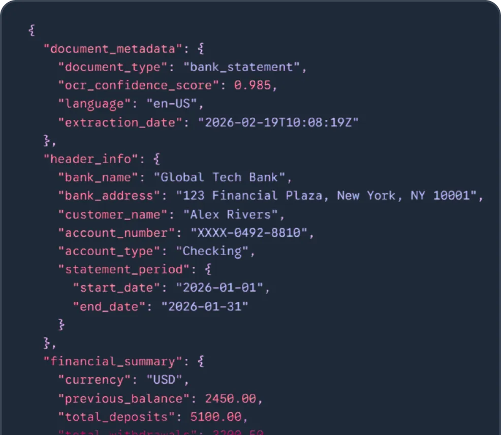 JSON code snippet showing extracted bank statement data with metadata, header info including bank name Global Tech Bank, customer Alex Rivers, account type Checking, statement period in January 2026, and a financial summary in USD.