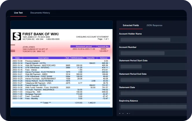 Bank statement from First Bank of Wiki showing transactions, dates, descriptions, withdrawals, deposits, and balances alongside extracted fields for account details in a digital interface.