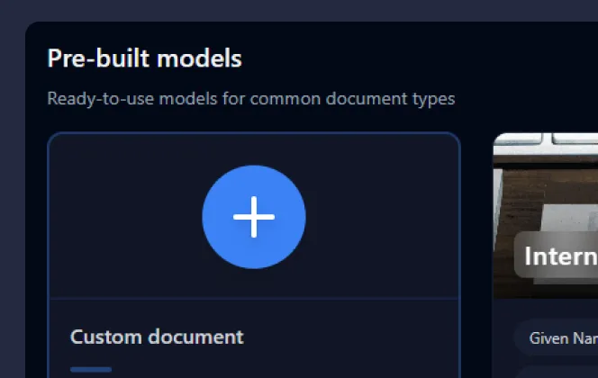 Interface section titled 'Pre-built models' with a blue plus icon for adding a custom document model.