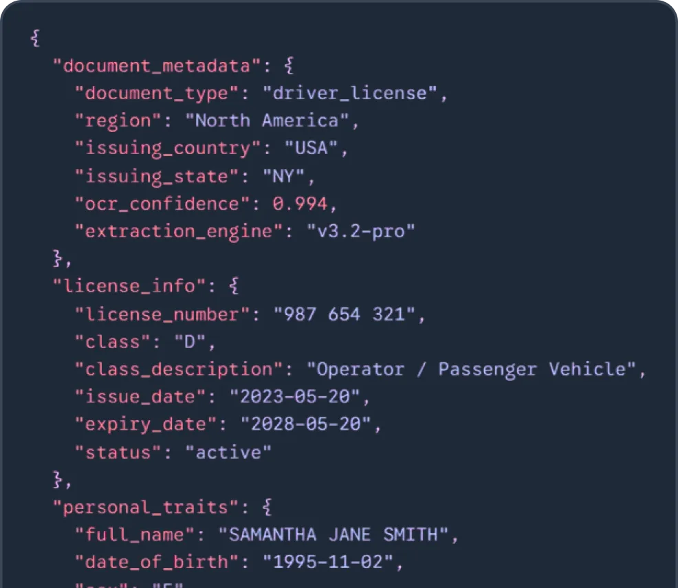 Code snippet showing JSON data with driver license information including license number, class, issue and expiry dates, and personal details.