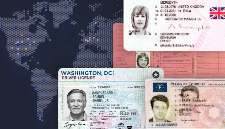 Collage of four different driver licenses from the UK, USA, France, and an unidentified country with personal photos and details.