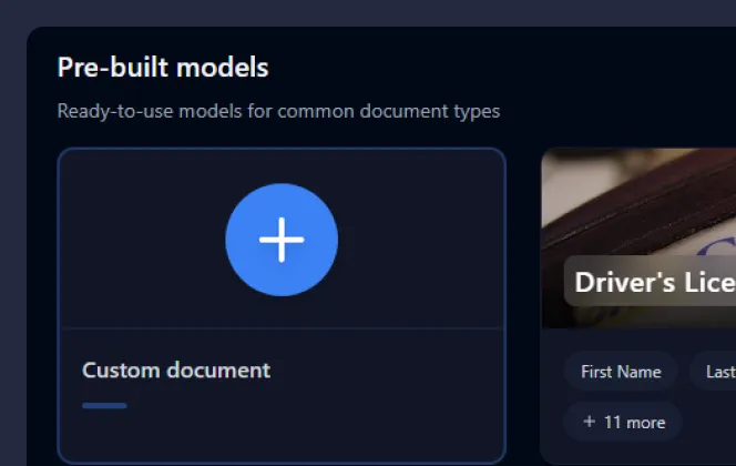 Section titled Pre-built models showing a highlighted card for a custom document with a plus icon on a dark interface.