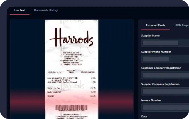 Screenshot of a receipt from Harrods with itemized purchases, barcode, and extracted fields displayed on the right side of the screen.