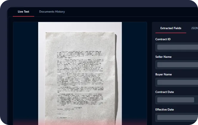 Computer screen showing a document scanning interface with a contract image on the left and extracted contract fields on the right.