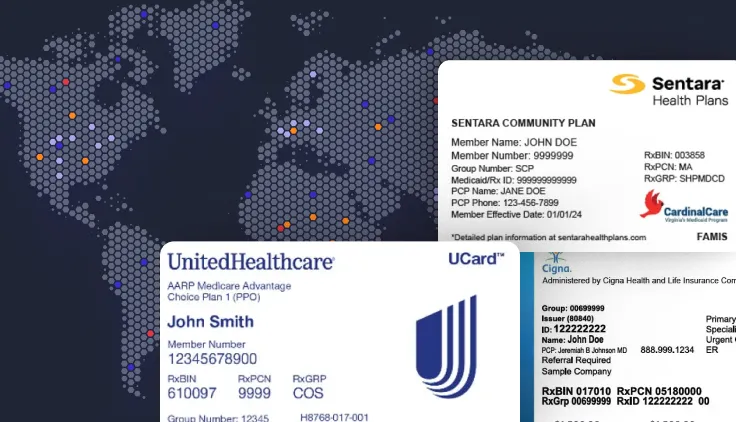 Collage of three health insurance cards from Sentara, UnitedHealthcare, and Cigna, over a dotted world map background.