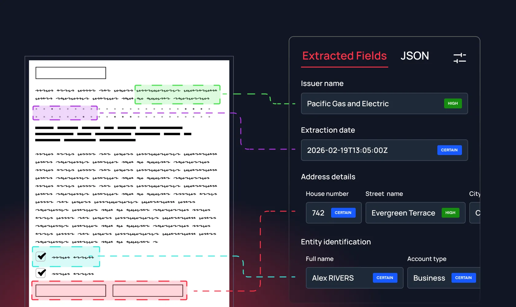 Interface showing extracted fields from a document including issuer name Pacific Gas and Electric, extraction date 2026-02-19, address 742 Evergreen Terrace, and entity full name Alex Rivers with business account type.