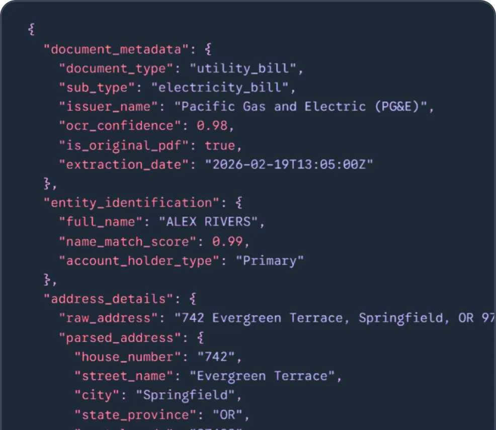 Screenshot of JSON data showing utility bill information including type as electricity bill, issuer Pacific Gas and Electric, account holder Alex Rivers, and address 742 Evergreen Terrace, Springfield, OR.
