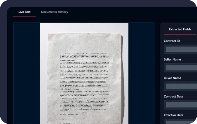 Digital interface showing a live test screen with a scanned document displayed in the center and empty extracted fields for contract details on the right.