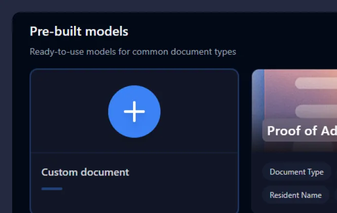 User interface showing a section titled 'Pre-built models' with a large blue plus button labeled 'Custom document'.