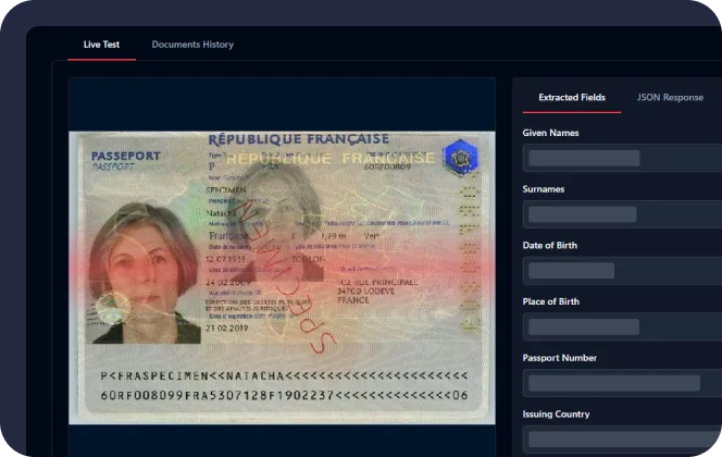 French passport sample with a woman’s photo, red 'SPECIMEN' stamp, and personal details including name Natacha, birth date, and address.
