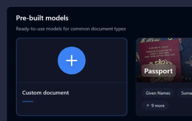 Interface showing pre-built models for document types, including a custom document option with a plus sign and a passport image labeled 'Passport'.