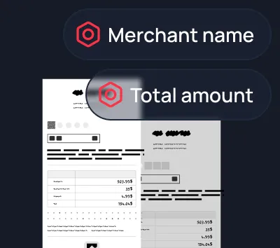 Overlay of a receipt and app interface highlighting merchant name and total amount sections with red icon.