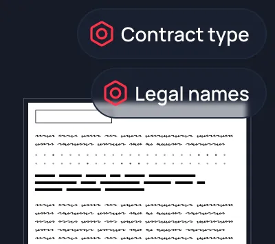 Close-up of a contract document with two navigation tags labeled 'Contract type' and 'Legal names' featuring red hexagon icons.