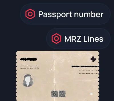 Close-up of an open passport showing blacked-out personal information, a photo silhouette, and MRZ code at the bottom, with labels pointing to the passport number and MRZ lines.