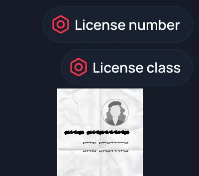 Icon of a shield next to text 'License number' and 'License class' above a blurred and crumpled document with a generic profile silhouette.
