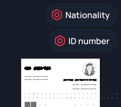 Partial view of an ID card graphic with blurred personal details and a silhouette photo, accompanied by labels 'Nationality' and 'ID number' icons.