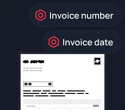 Interface showing labels for invoice number and invoice date above a partial view of an invoice document with blacked-out text.