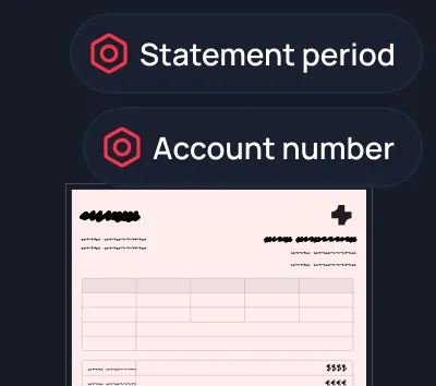 Partial view of a bank statement with highlighted labels for statement period and account number above the document.