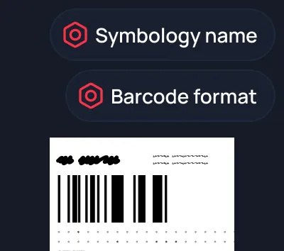 User interface showing labels 'Symbology name' and 'Barcode format' above a partial barcode image.