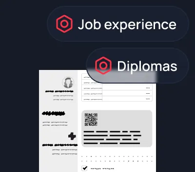 Sections labeled 'Job experience' and 'Diplomas' above a partially visible document with text, a profile icon, and a QR code.