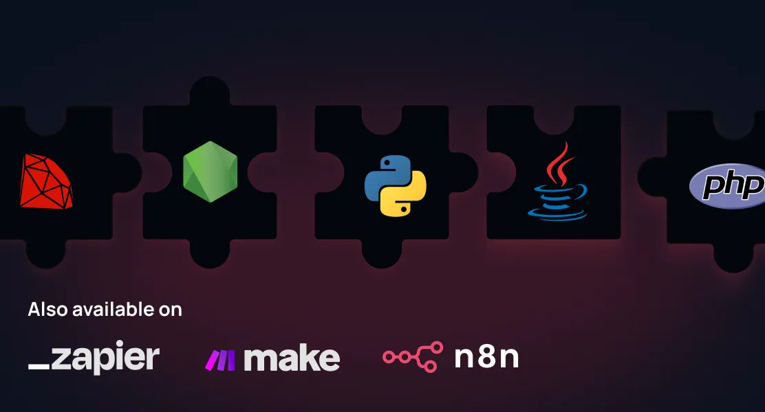 Puzzle pieces displaying programming language logos including Ruby, Node.js, Python, Java, and PHP, with text below reading 'Also available on' followed by logos for Zapier, Make, and n8n.