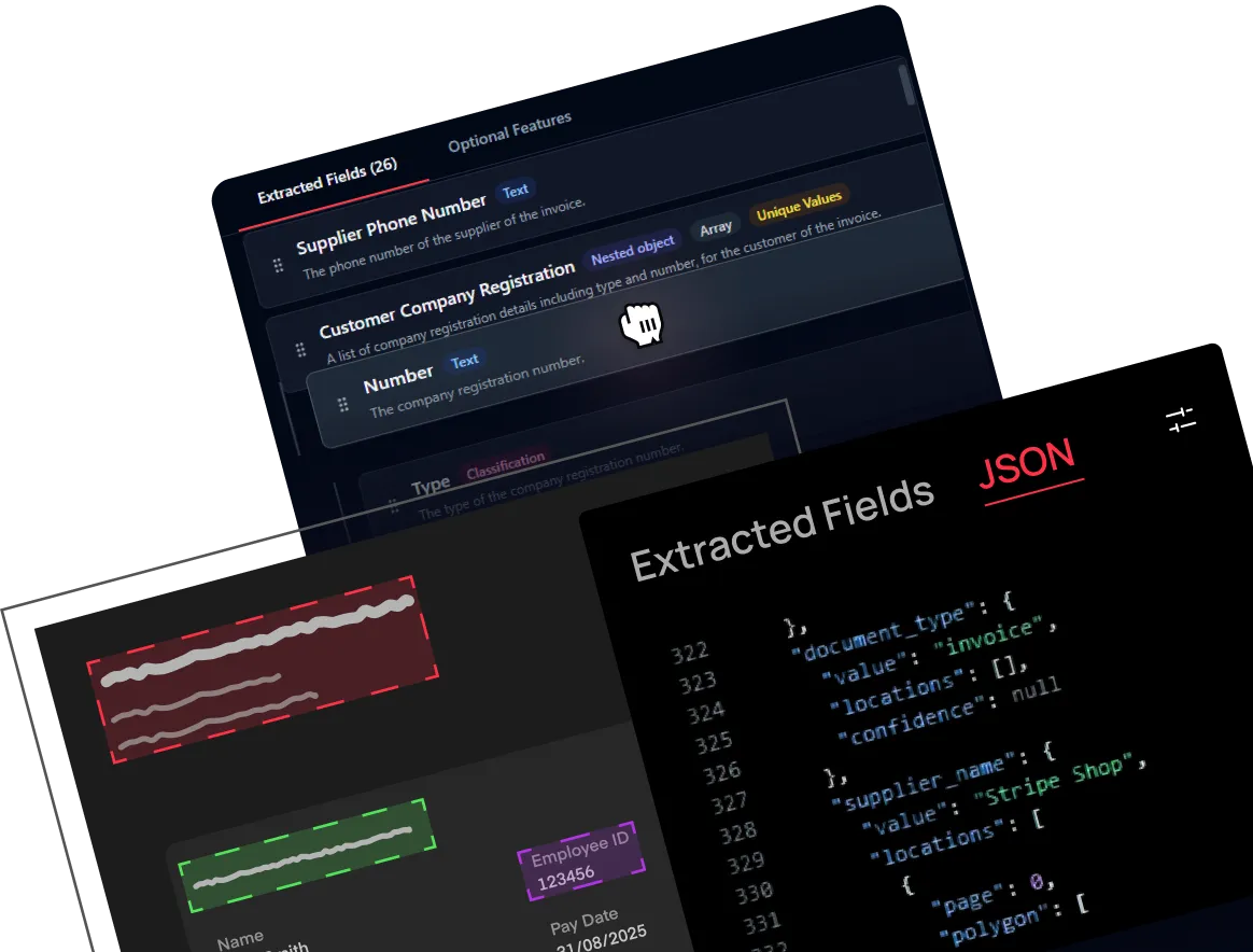 Screenshot of a software interface showing extracted fields from an invoice including supplier phone number, customer company registration, JSON data, and highlighted text boxes for employee ID and pay date.