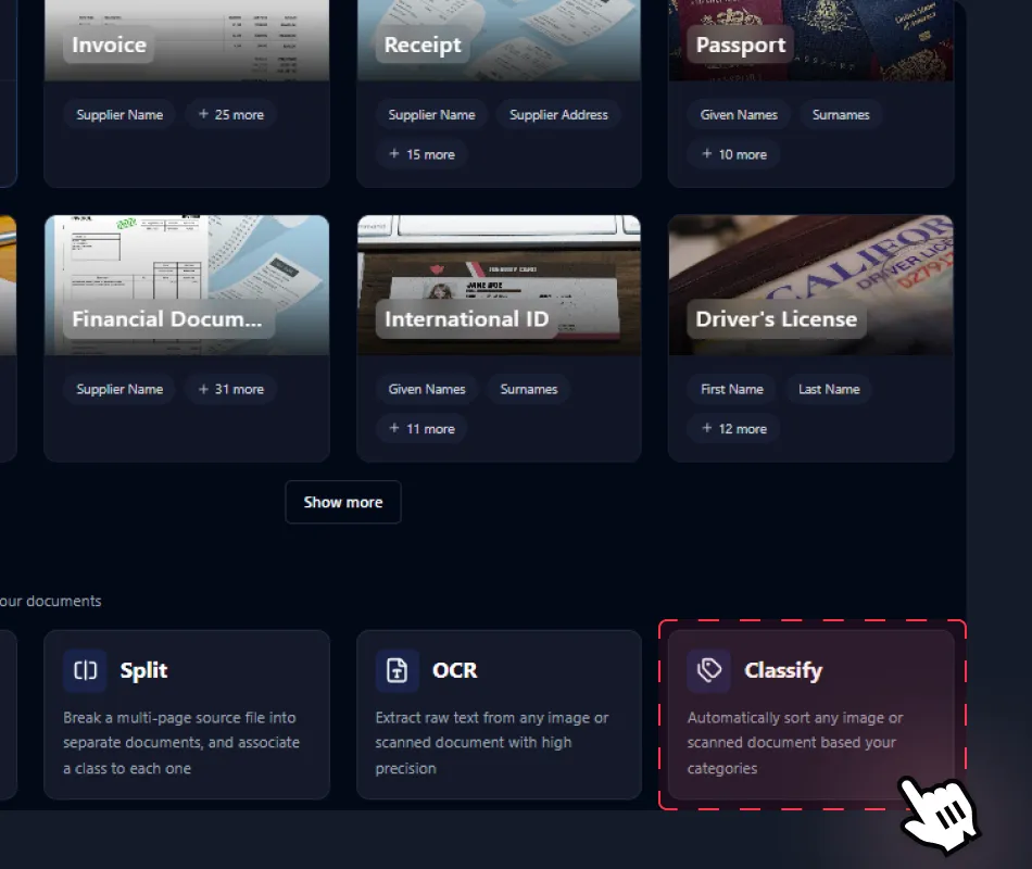 UI showing document categories like Invoice, Receipt, Passport, Financial Document, International ID, and Driver's License, with options for Split, OCR, and Classify functions.