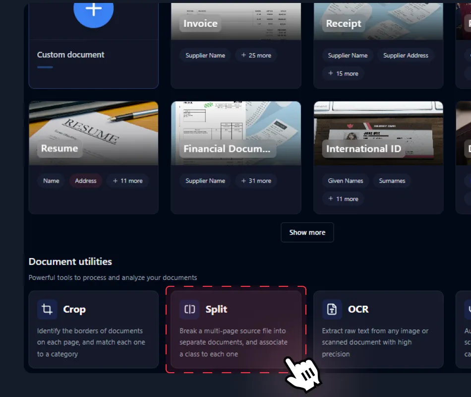 User interface showing document templates including Invoice, Receipt, Resume, Financial Document, and International ID, with document utilities below: Crop, Split (highlighted by cursor), and OCR.