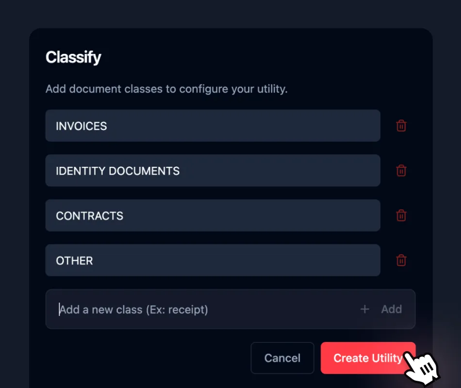 User interface for classifying documents with options: Invoices, Identity Documents, Contracts, Other, and a field to add a new class, with buttons to Cancel or Create Utility.