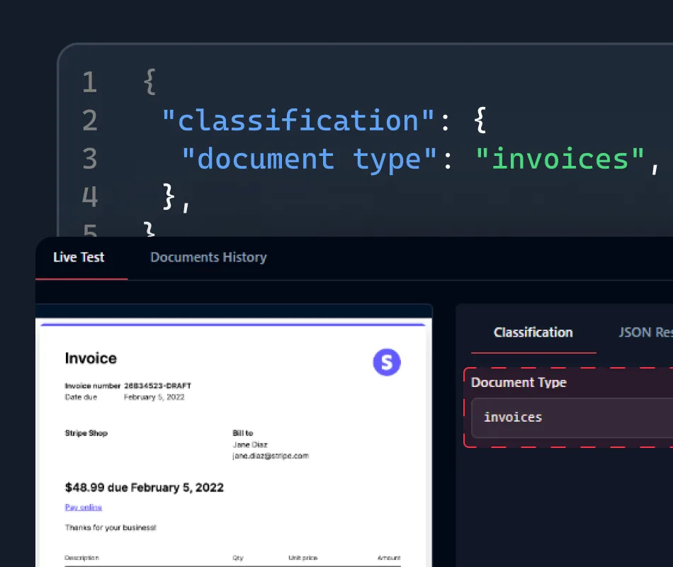 Screenshot of a software interface showing JSON code with document type classified as invoices, alongside an invoice preview with details like invoice number, due date, billing information, and amount due.